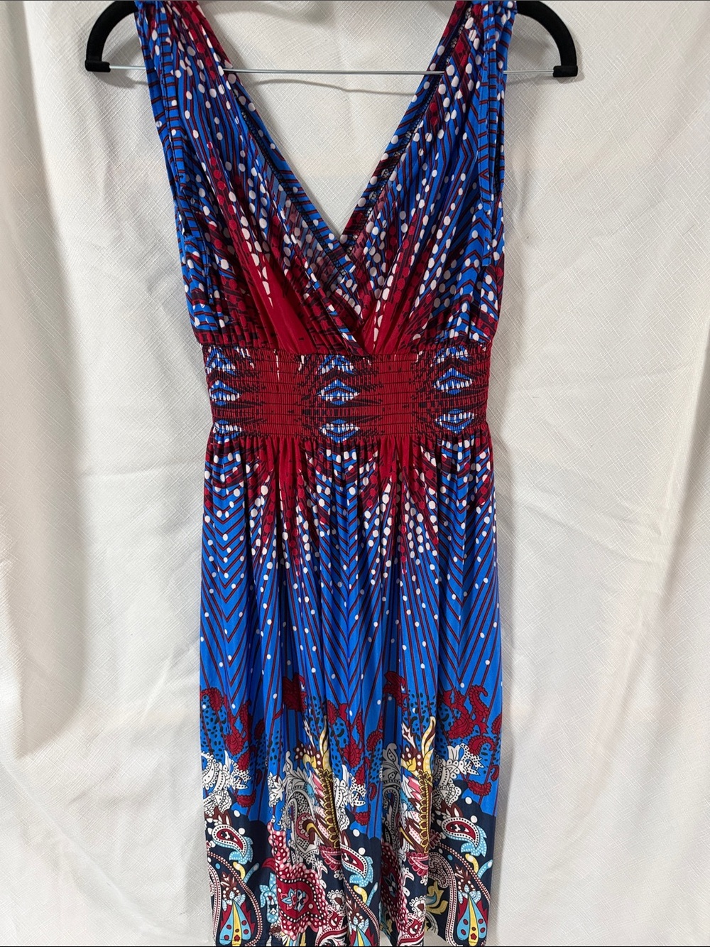 Red and Blue V-Neck Midi Dress with Smocked Waist